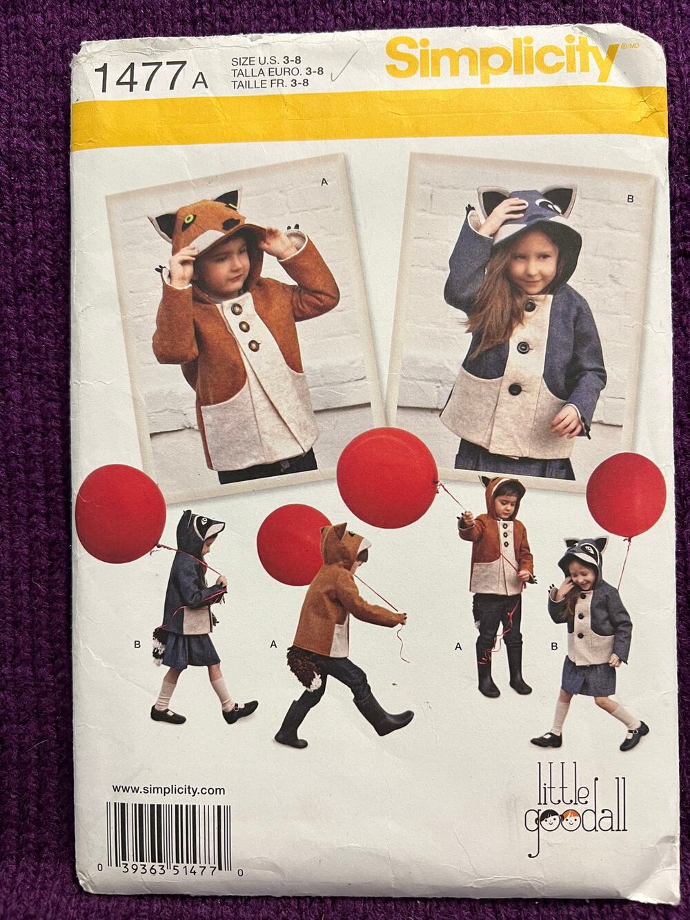 Simplicity 1477 pattern kids jacket hood ears fox racoon